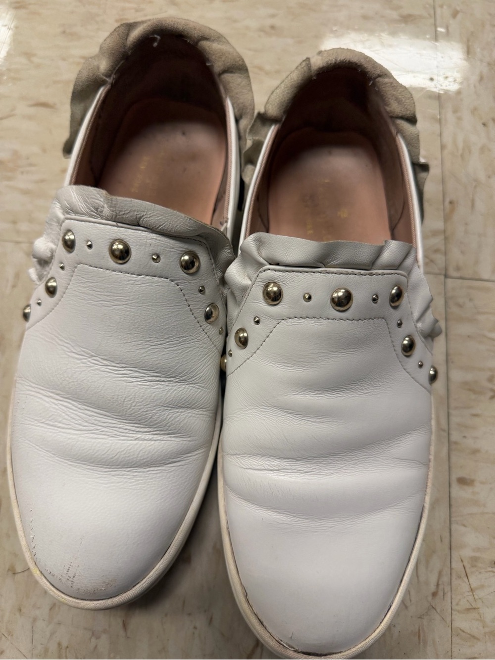 kate spade White Leather Slip-On Studded Flats